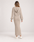 Women’s Two-Piece Set with Maxi Dress and Hooded Cardigan in Beige, three quarter body view