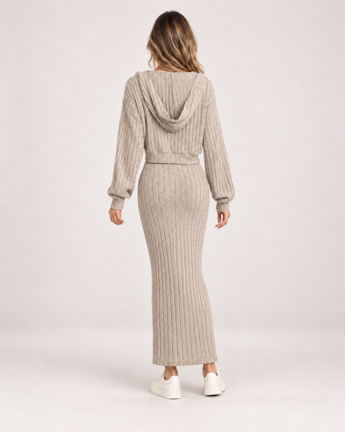 Women’s Two-Piece Set with Maxi Dress and Hooded Cardigan in Beige, three quarter body view