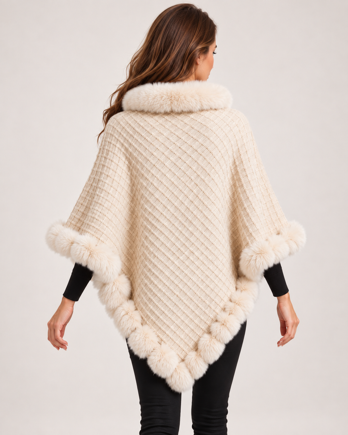 Women's beige cape coat with faux fur trim back view