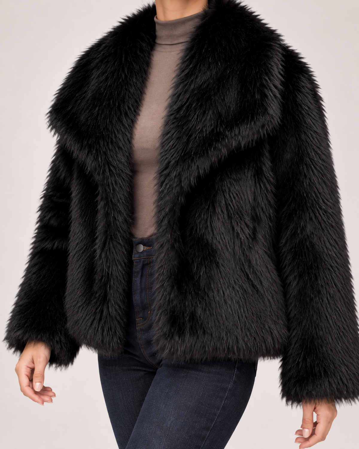 Women's Faux Fur Jacket with Wide Lapel Collar back view