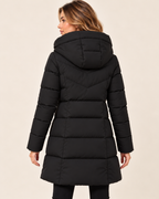 Women's black long puffer jacket with asymmetric zip back view