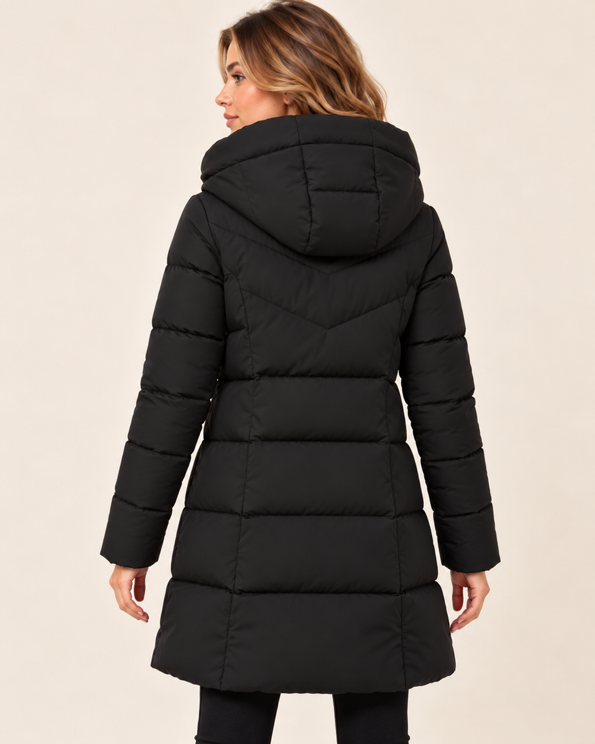 Women's black long puffer jacket with asymmetric zip back view