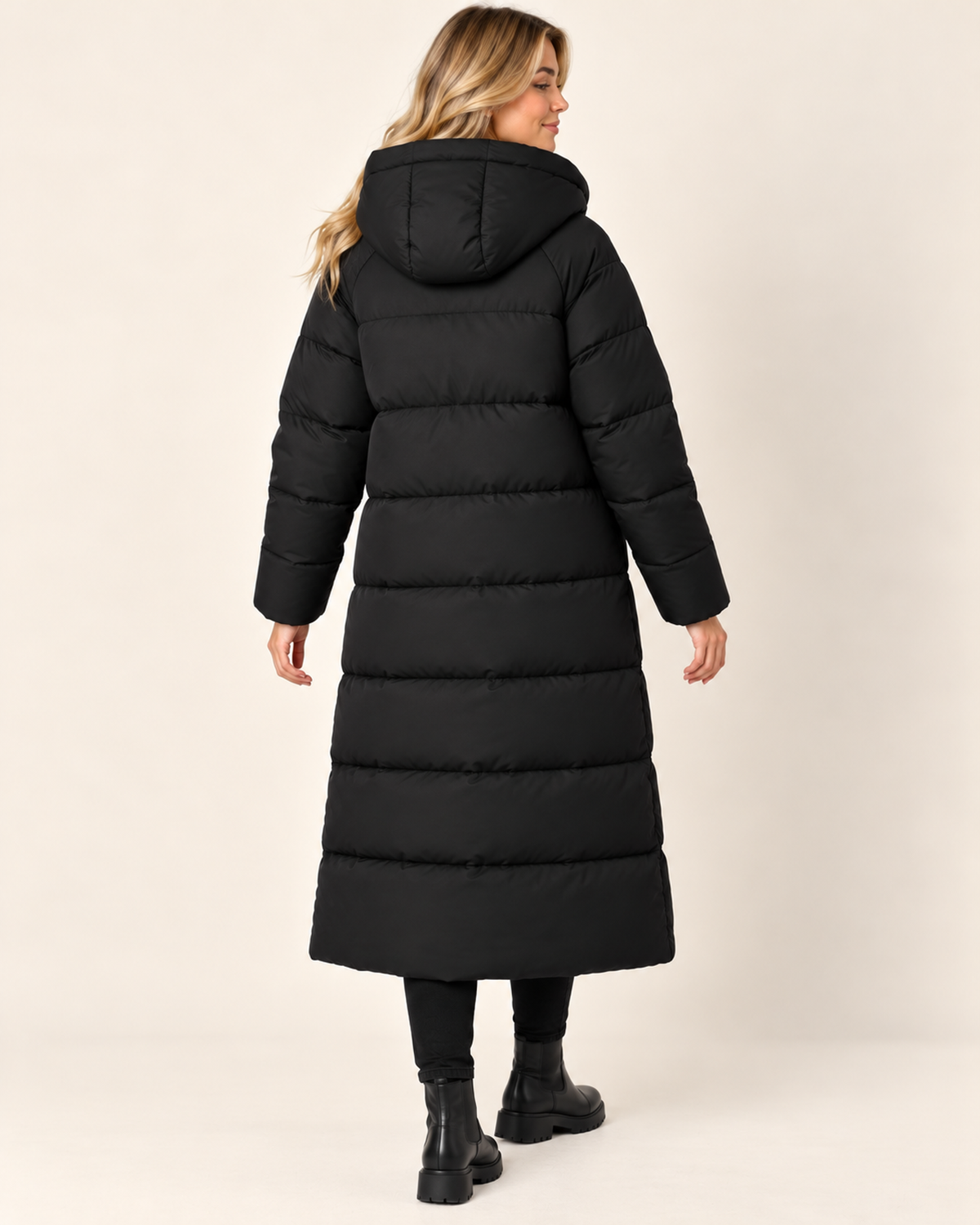 Women's black long puffer coat with hood back view