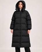 Women's black long puffer coat closed with hood up