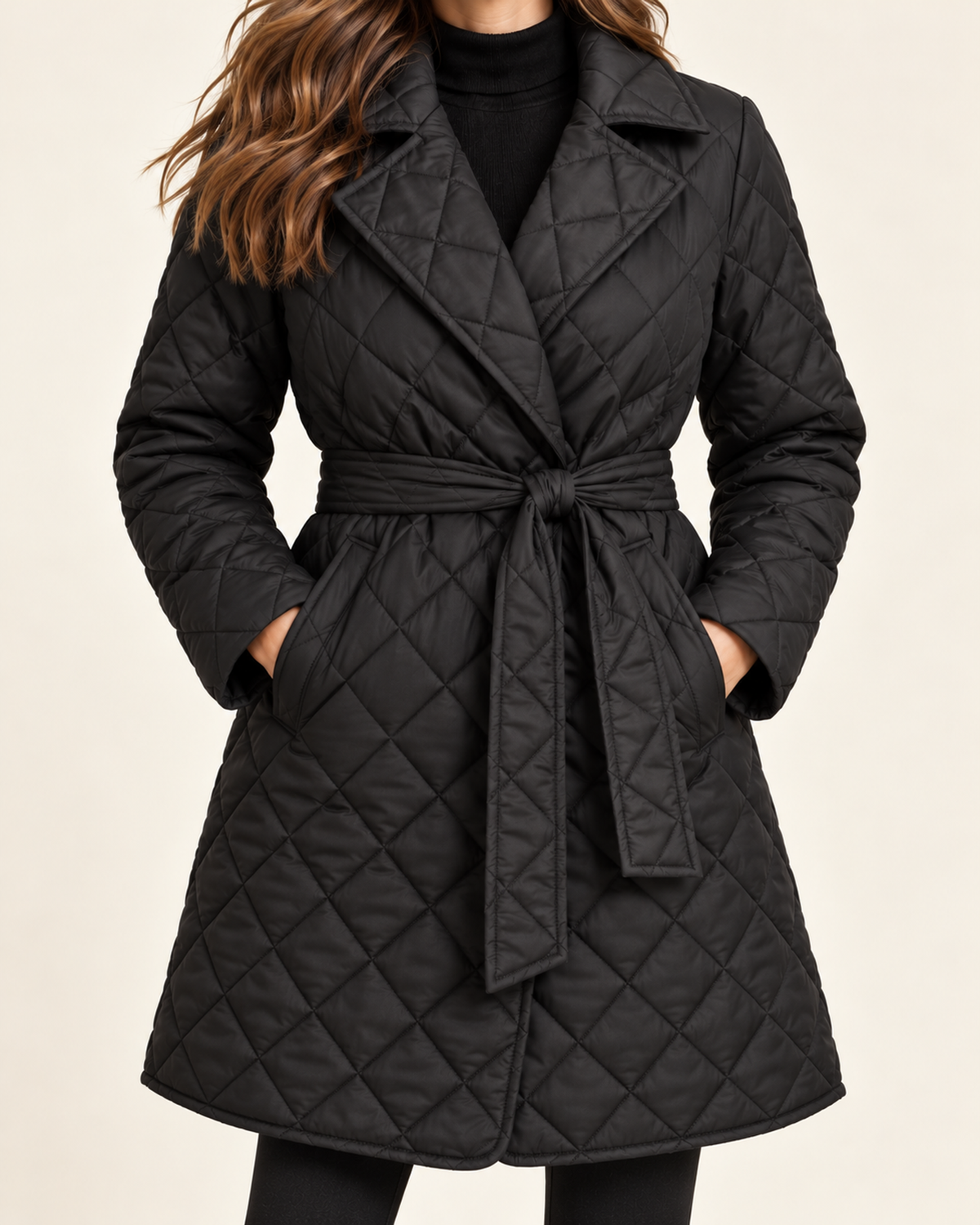Women's black quilted belted lapel coat product detail view