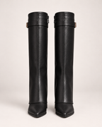 Women's black knee high boots front view