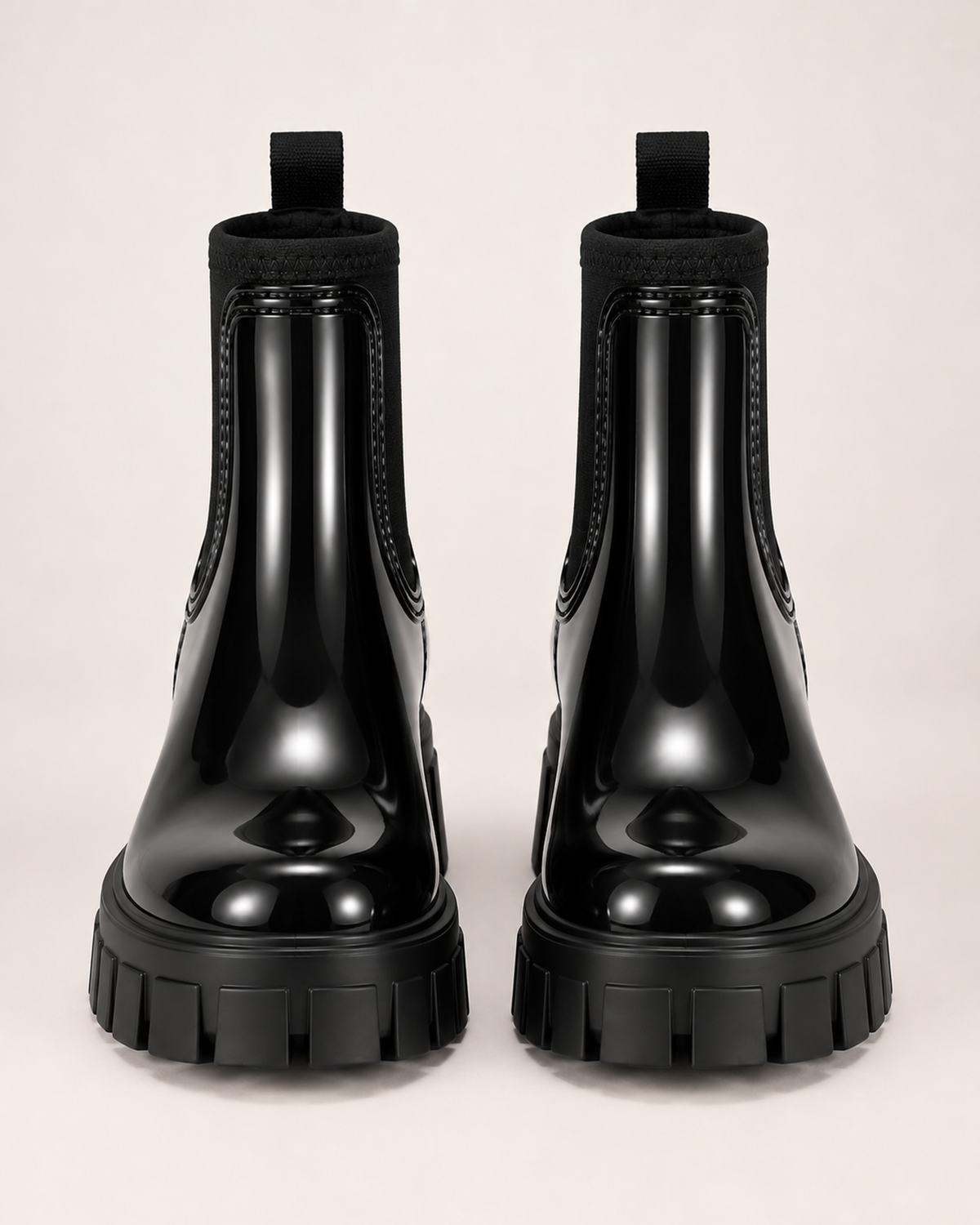 Women's black gloss Chelsea Wellington boots front view