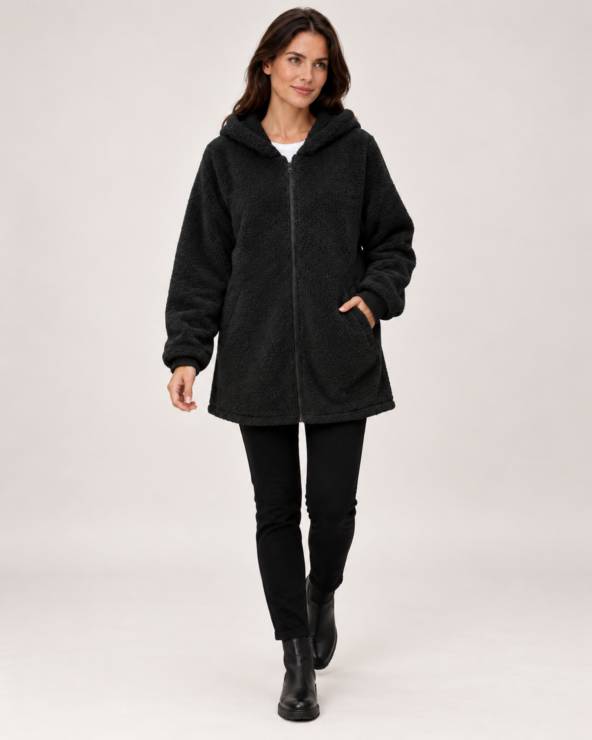 Women's black fleece hooded jacket full length styling view