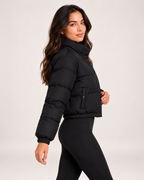 Women's black padded cropped bomber jacket side view