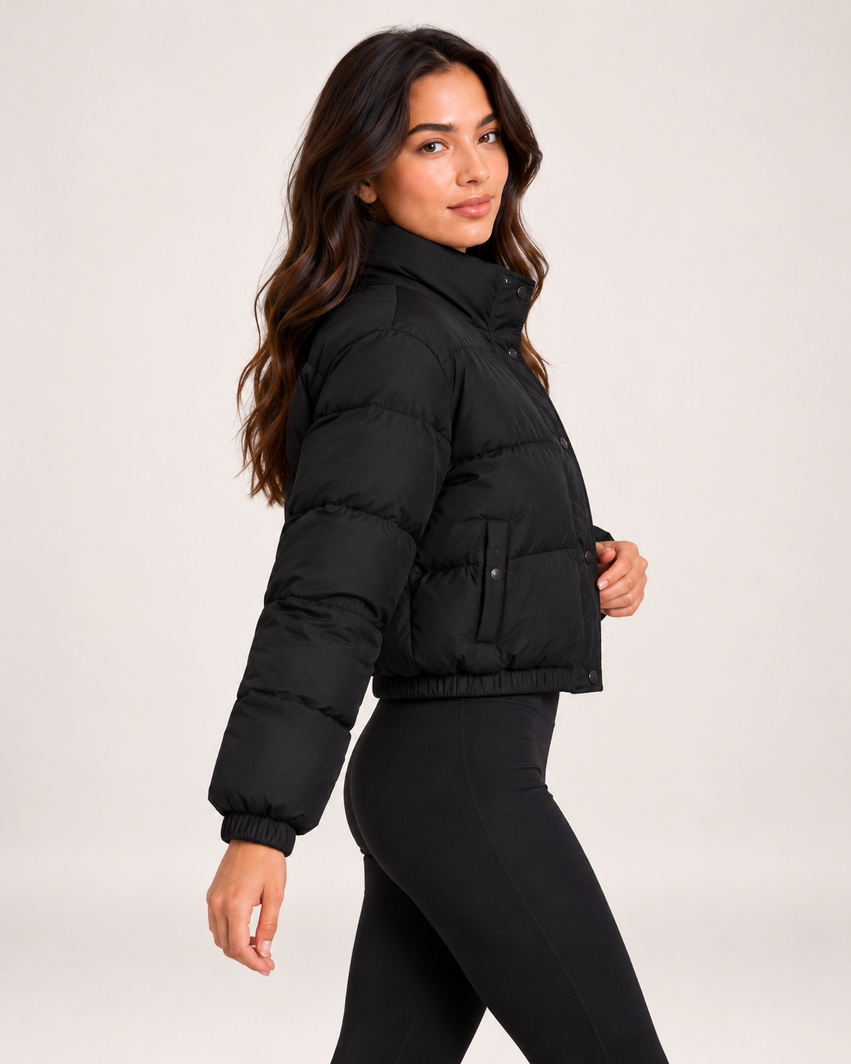 Women's black padded cropped bomber jacket side view