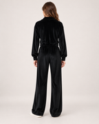 Women’s Loungewear Set with Zip Up Top and Wide Leg Trousers in Black, three quarter body view