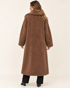 Women's brown long teddy coat back view