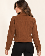 Women's brown faux suede button up jacket back view