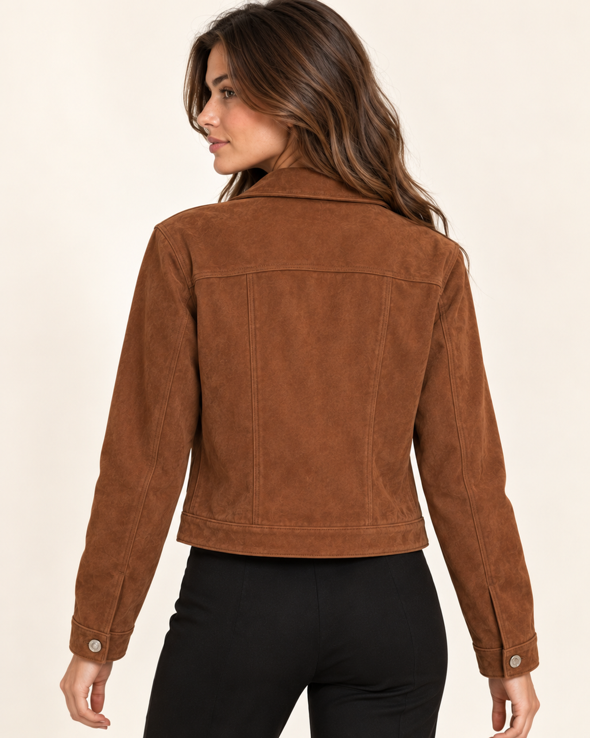 Women's brown faux suede button up jacket back view
