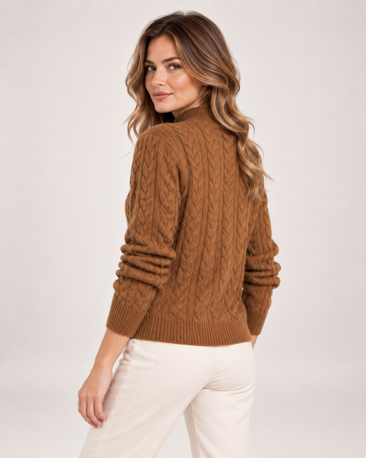 Women's Cable Knit Jumper with Stand Collar and Button Neck product view
