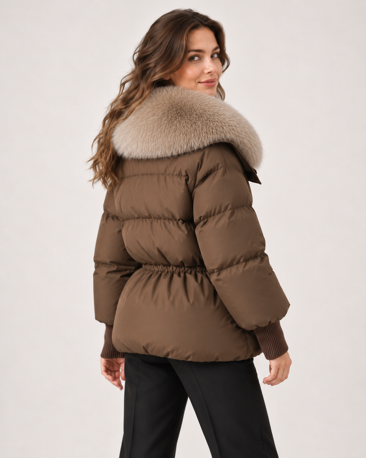 Women's Puffer Jacket with Faux Fur Collar and Drawstring Waist product view