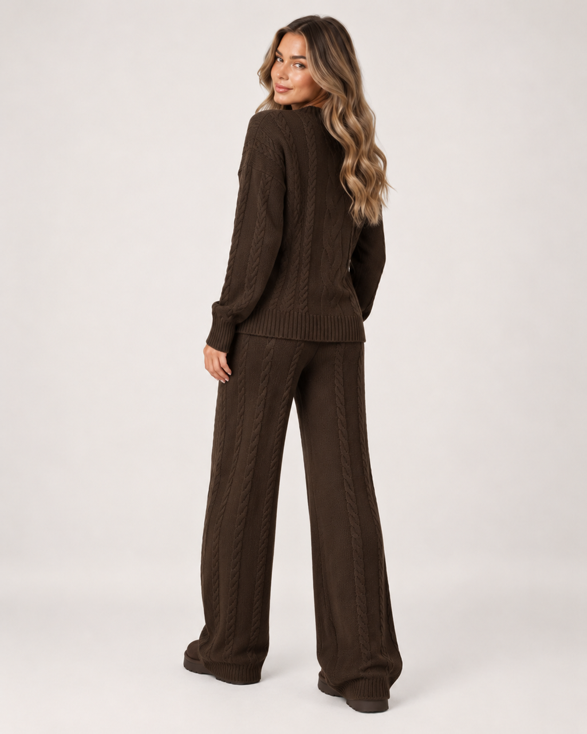 Women's Knitted Co-Ord Set with Cable Knit Jumper and Wide Leg Trousers product view