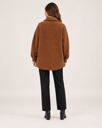 Women’s Teddy Jacket with Button Front and Chest Pockets in Brown, three quarter body view