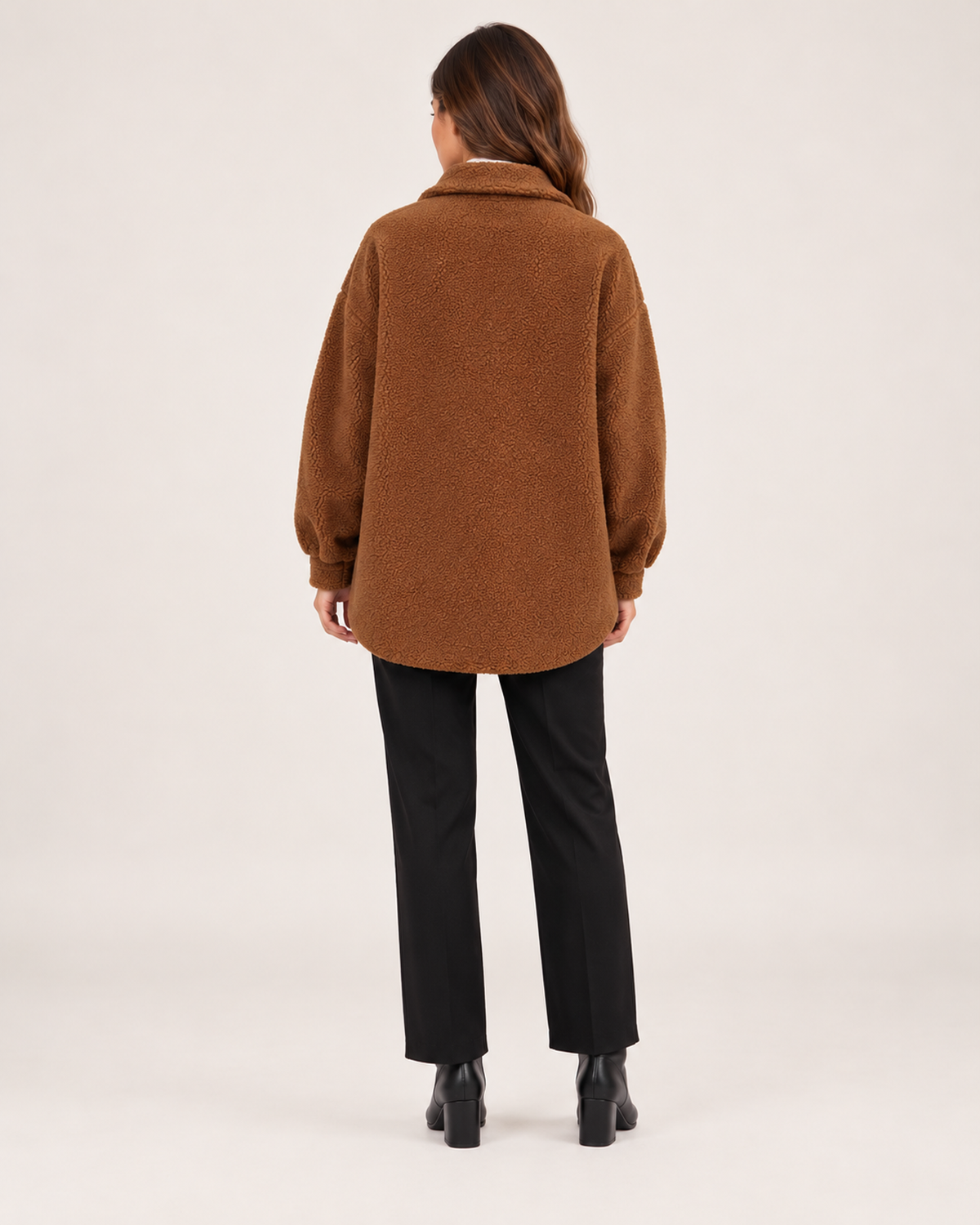 Women’s Teddy Jacket with Button Front and Chest Pockets in Brown, three quarter body view