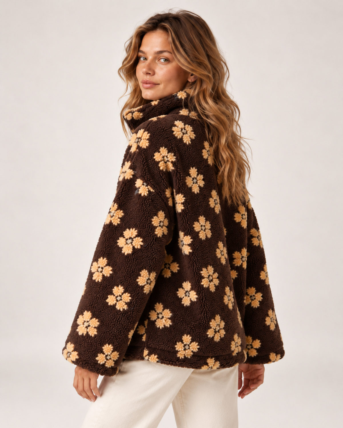 Women's Borg Jacket with Floral Pattern and Half Zip product view