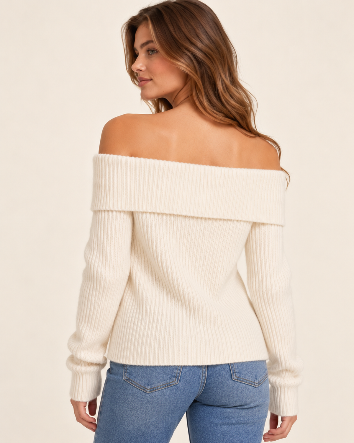Women's cream off shoulder knitted jumper back view