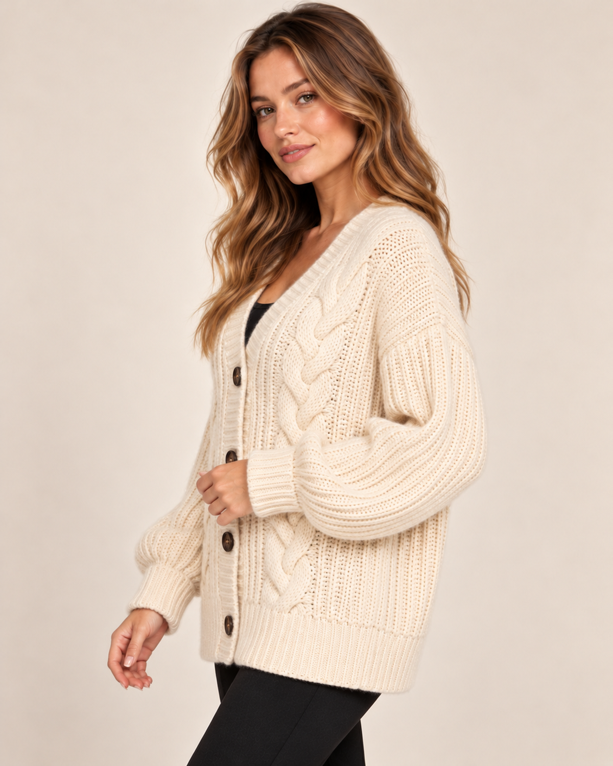 Women's cream chunky knit cardigan side view