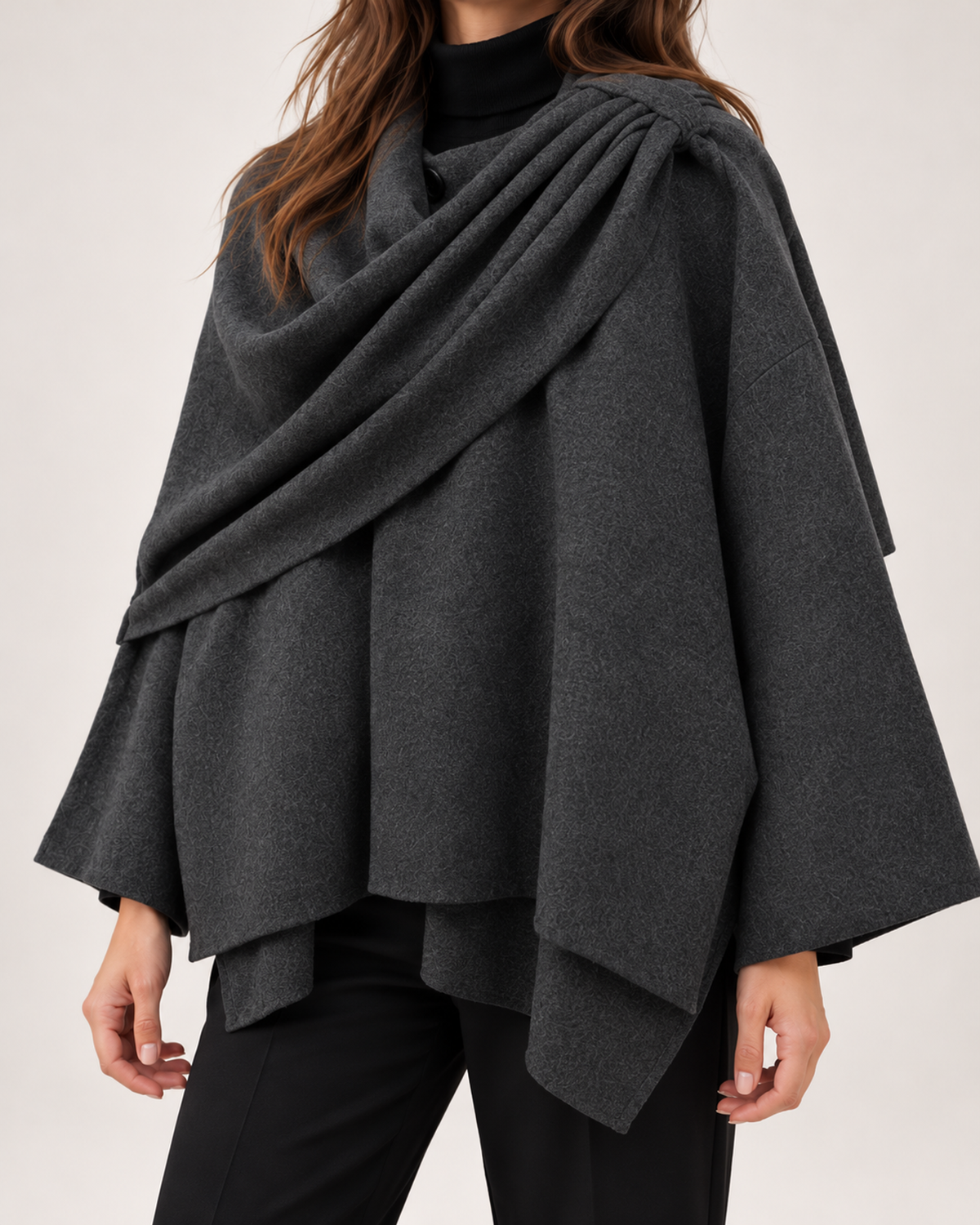Women's dark grey asymmetric scarf cape coat collar and drape detail