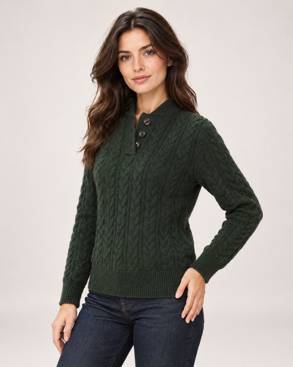 Women's Cable Knit Jumper with Button Neck back view