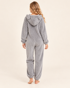 Women’s Fleece Onesie with Hood and Bear Ear Detail in Grey, three quarter body view