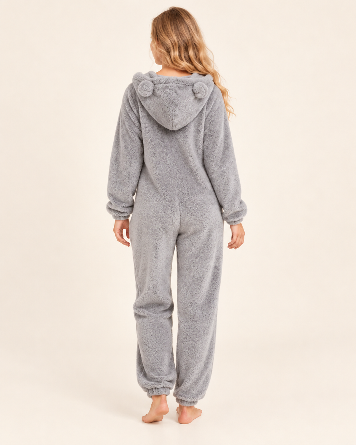 Women’s Fleece Onesie with Hood and Bear Ear Detail in Grey, three quarter body view