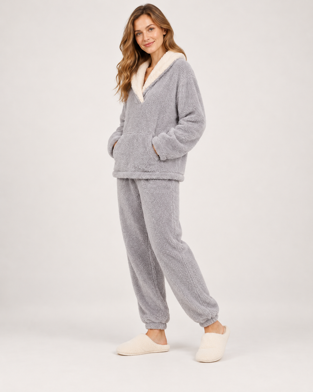 Women’s Fleece Pyjamas with Contrast Collar in Grey, three quarter body view