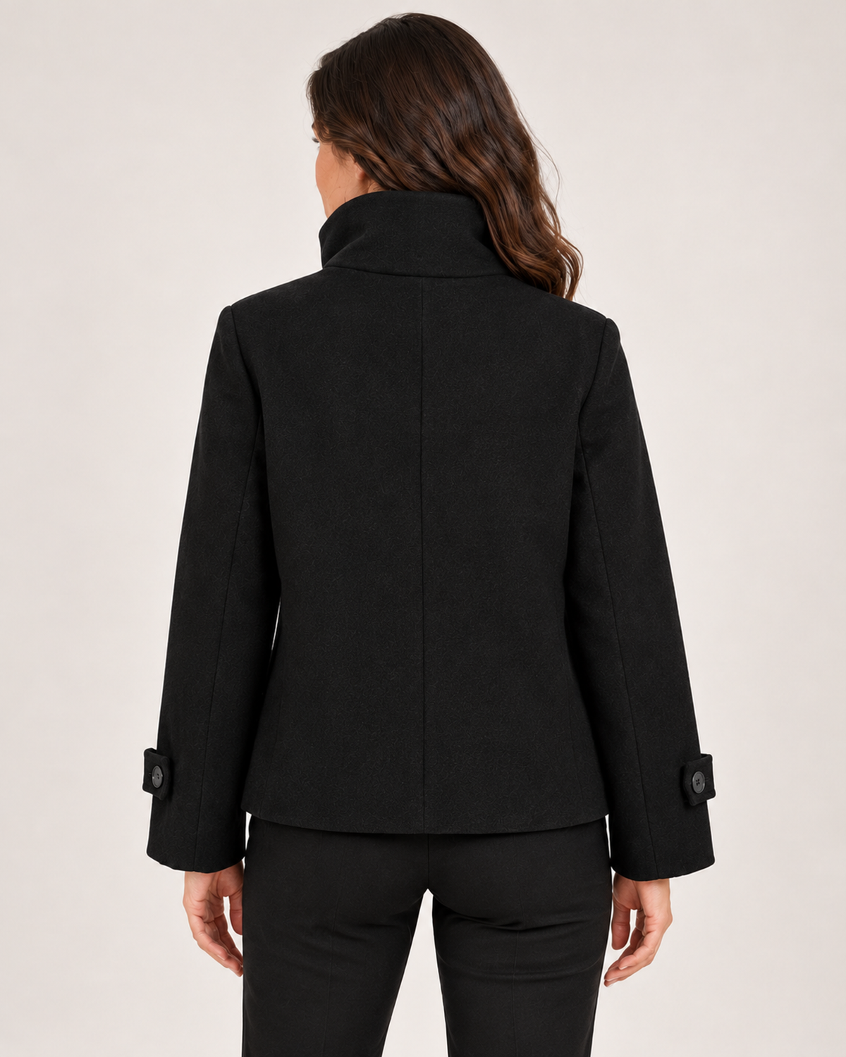 Back view of women's black funnel neck coat