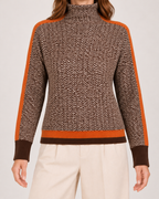 Women's orange contrast sleeve roll neck jumper pattern and trim detail