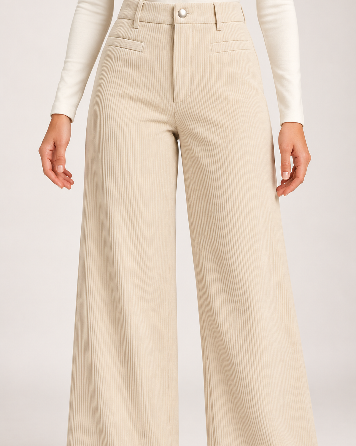 Women's light beige corduroy trousers waistband and pocket detail