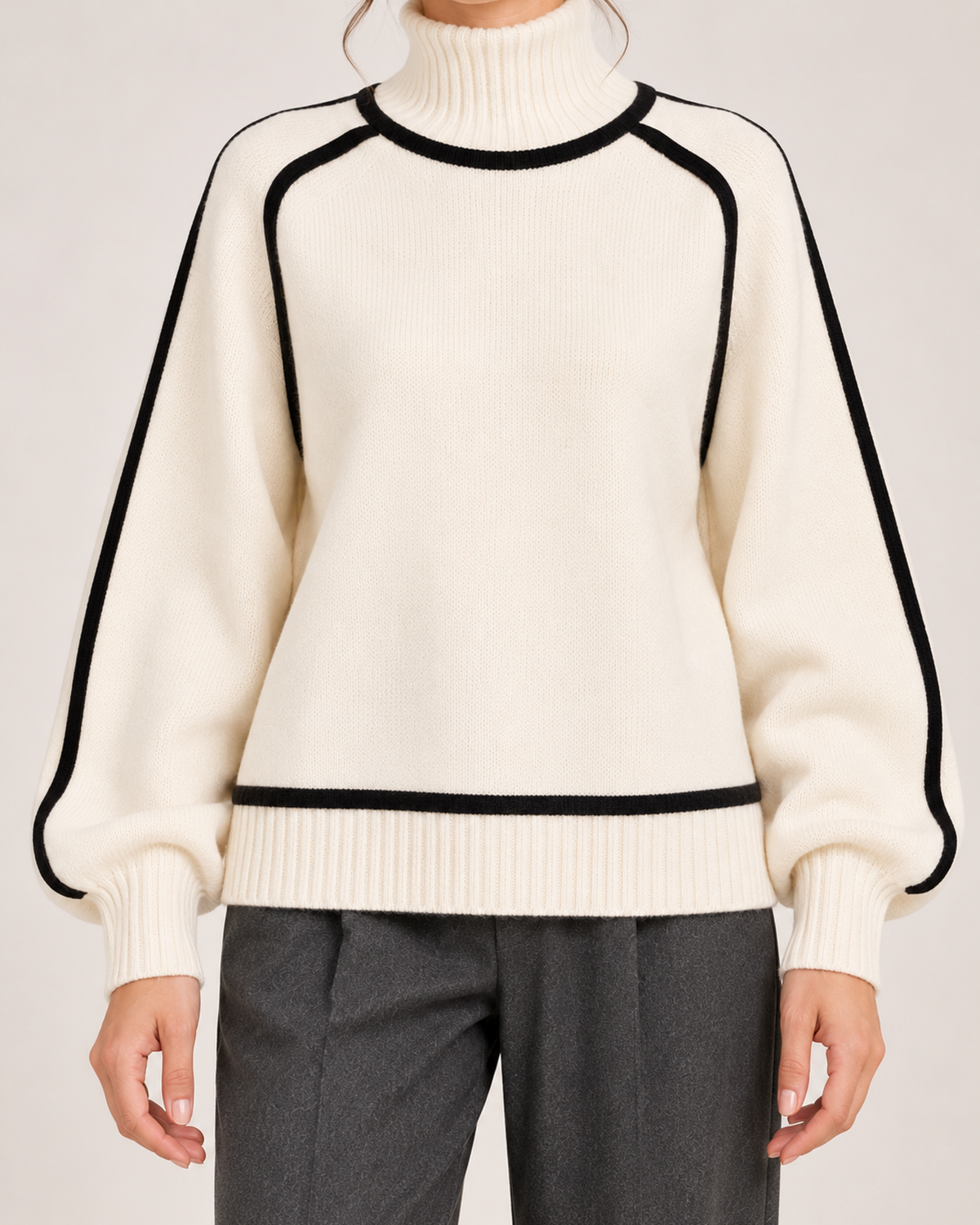 Women's white turtleneck jumper contrast trim detail