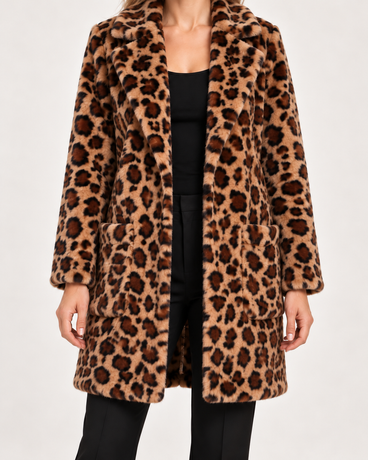 Close view of women's leopard print coat lapels and pockets
