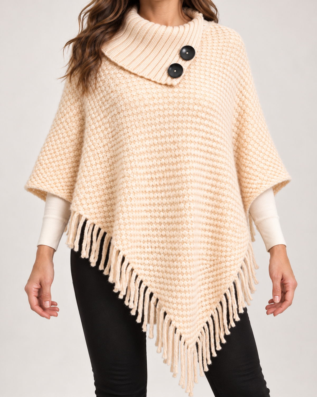 Women’s beige poncho high neck button and fringe detail