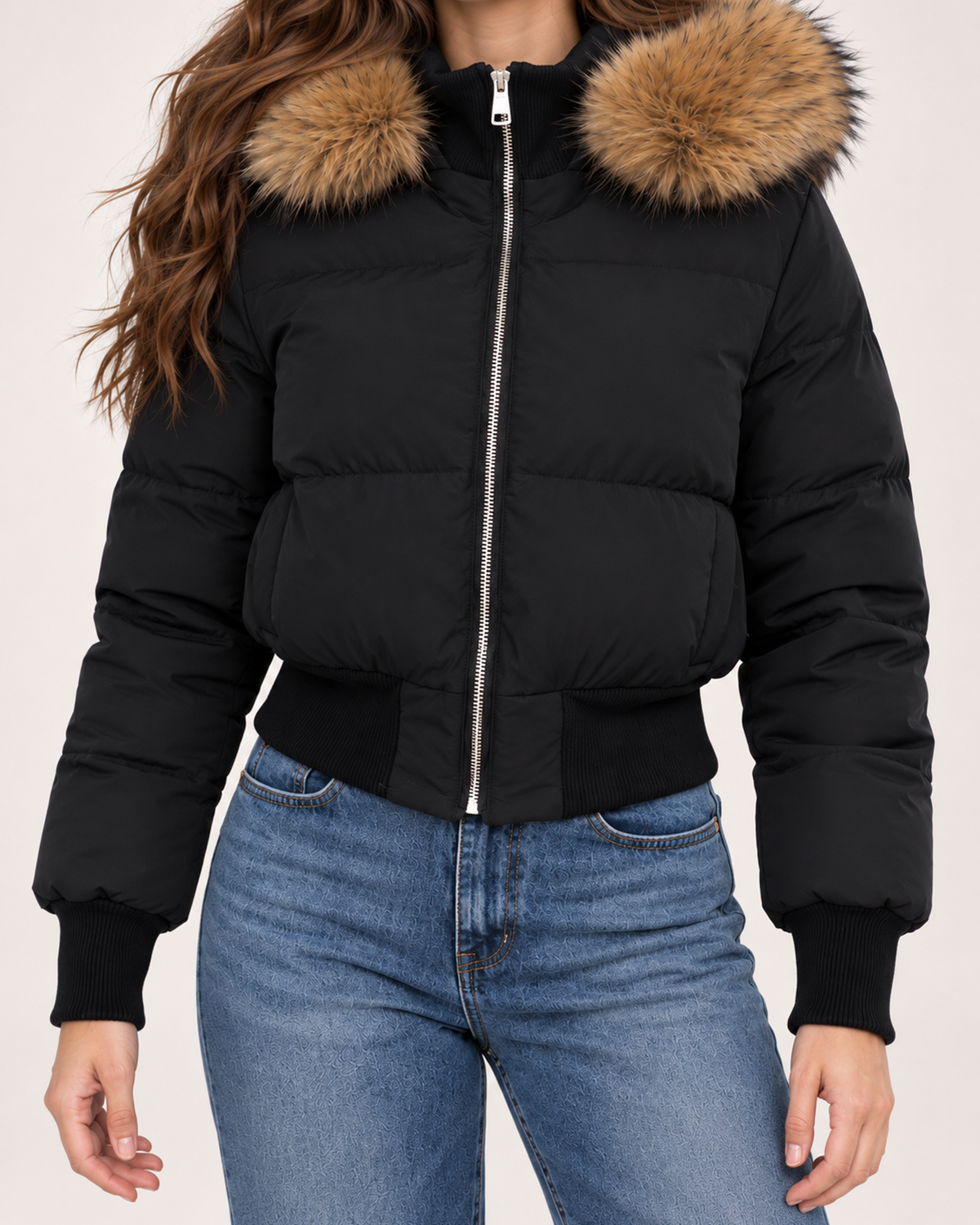 Women's black cropped puffer jacket hood trim and zip detail