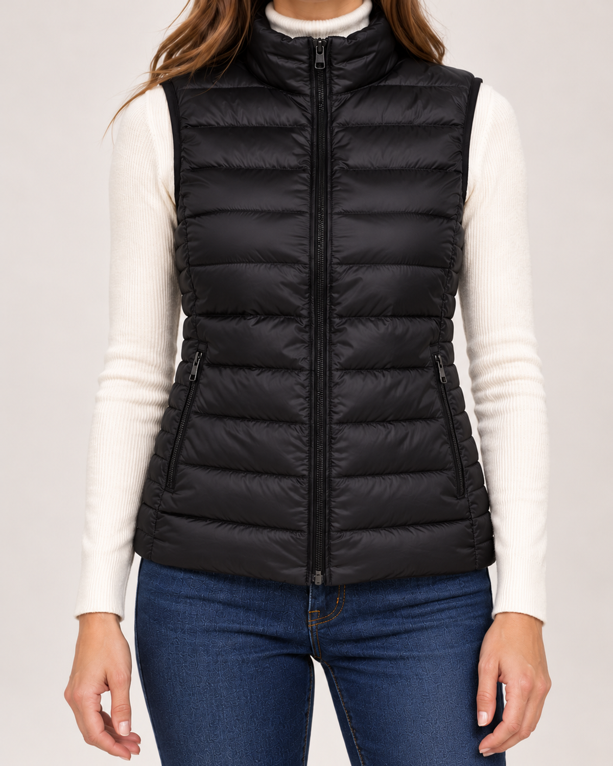Women's black lightweight gilet collar and zip detail