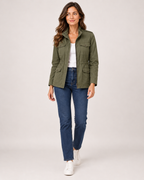Women's olive utility jacket full length styling view