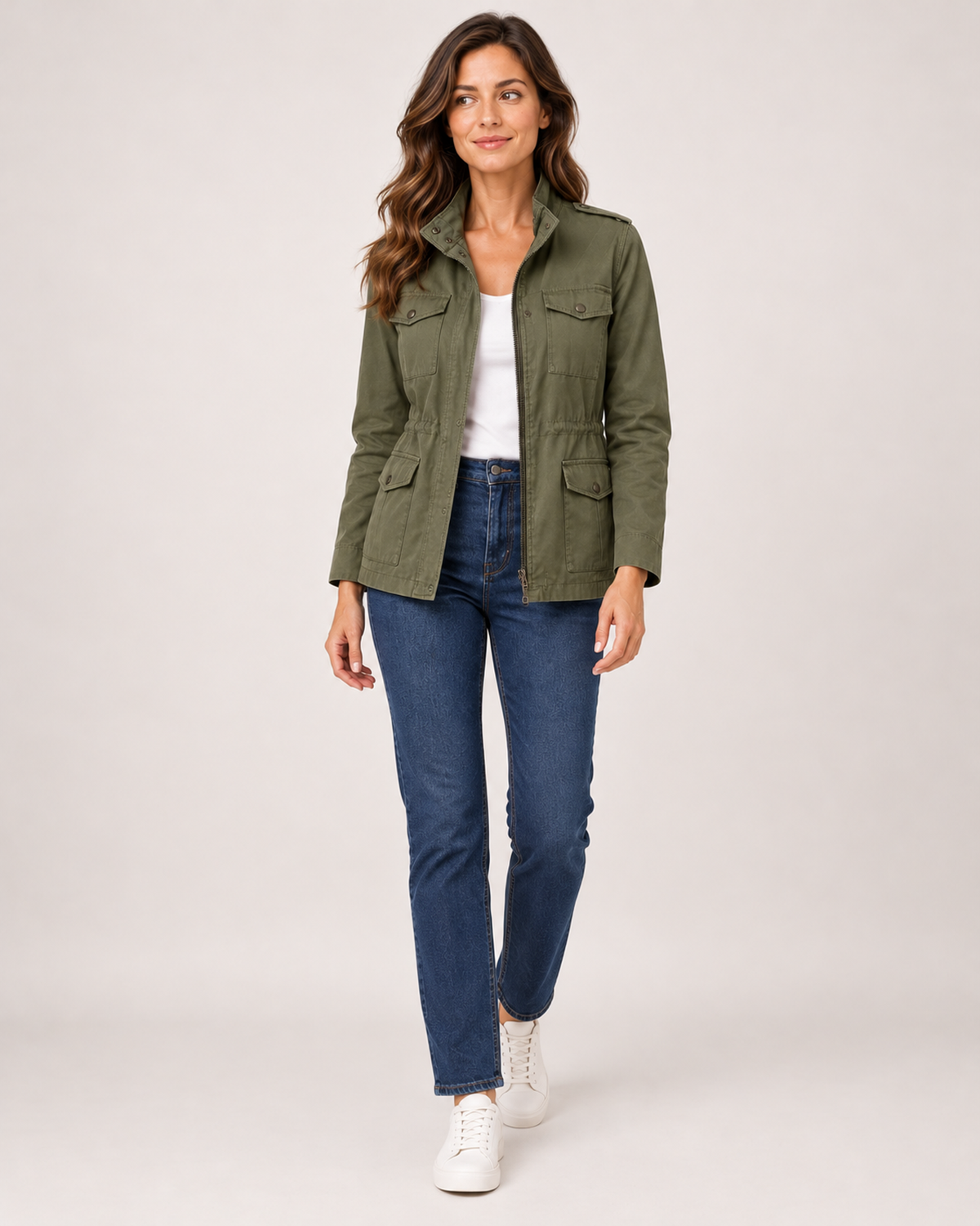 Women's olive utility jacket full length styling view