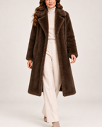 Women's brown long faux fur coat full length styling view