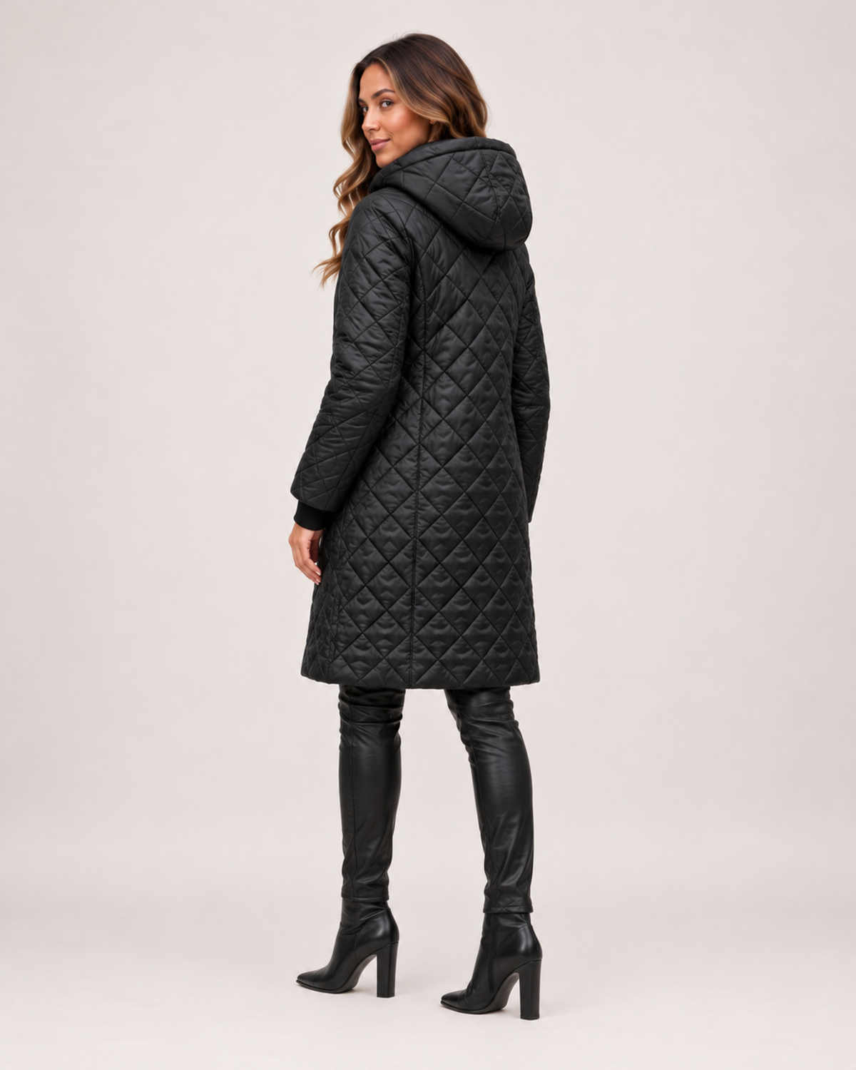 Women's Long Quilted Coat with Diamond Stitching product view