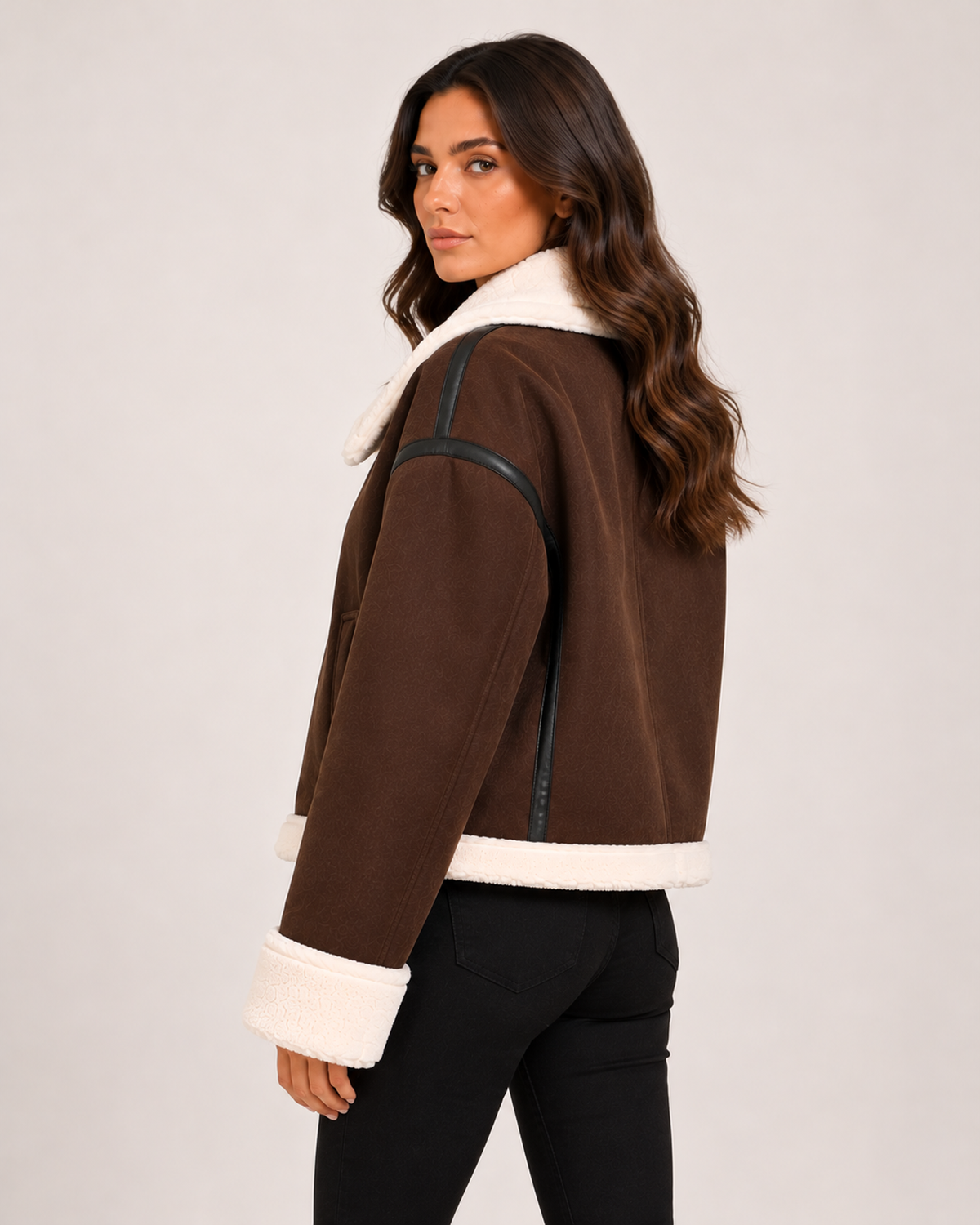 Women's Brown Suede Aviator Jacket – Faux Fur Collar Cropped Jacket product view