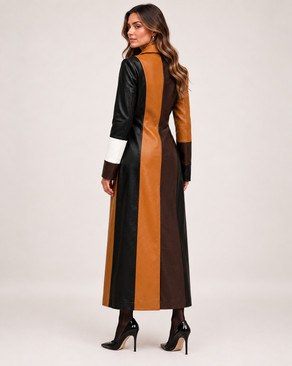 Women's Long Trench Coat with Patchwork Colour Block Design product view