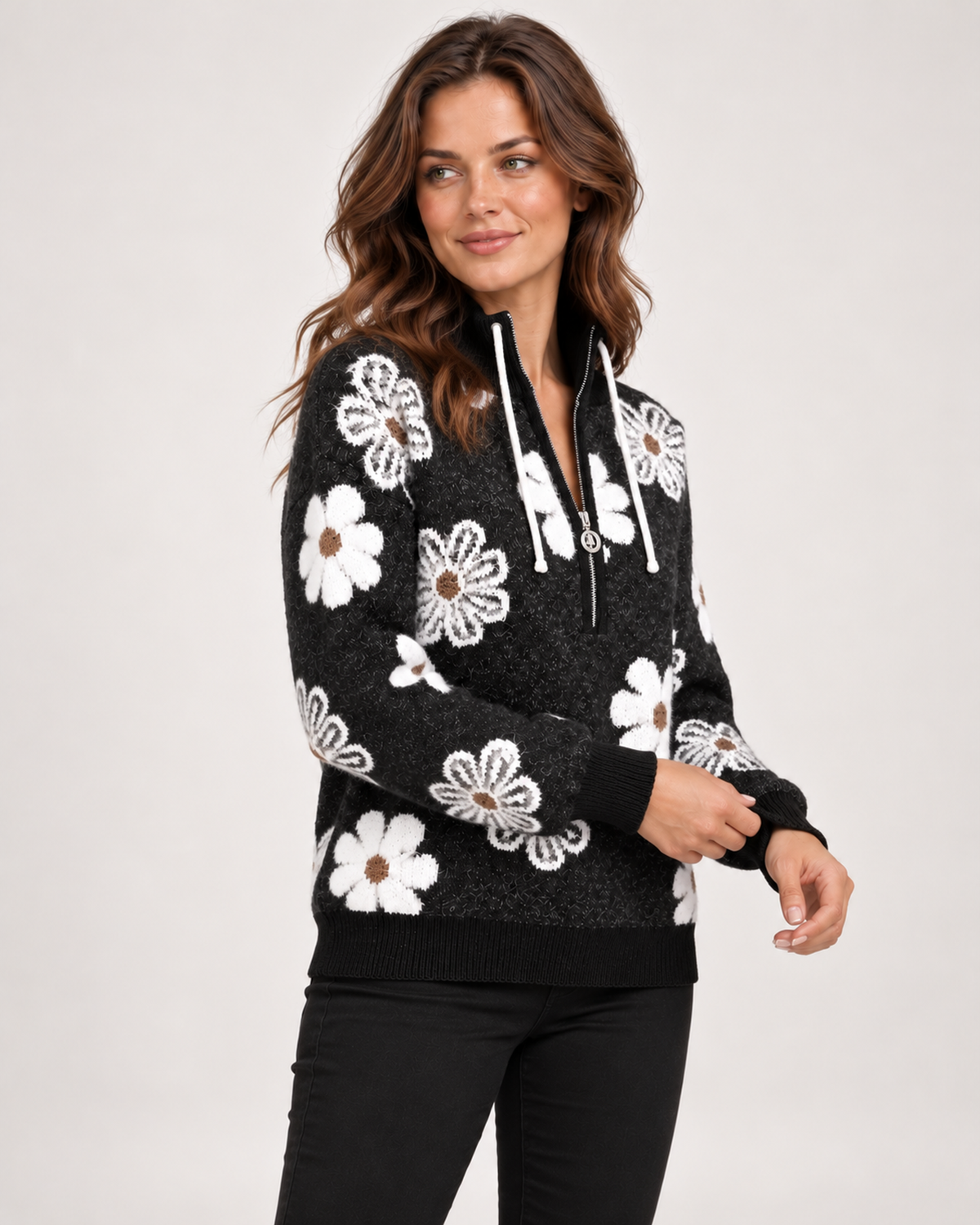 Women’s black floral jumper – side view