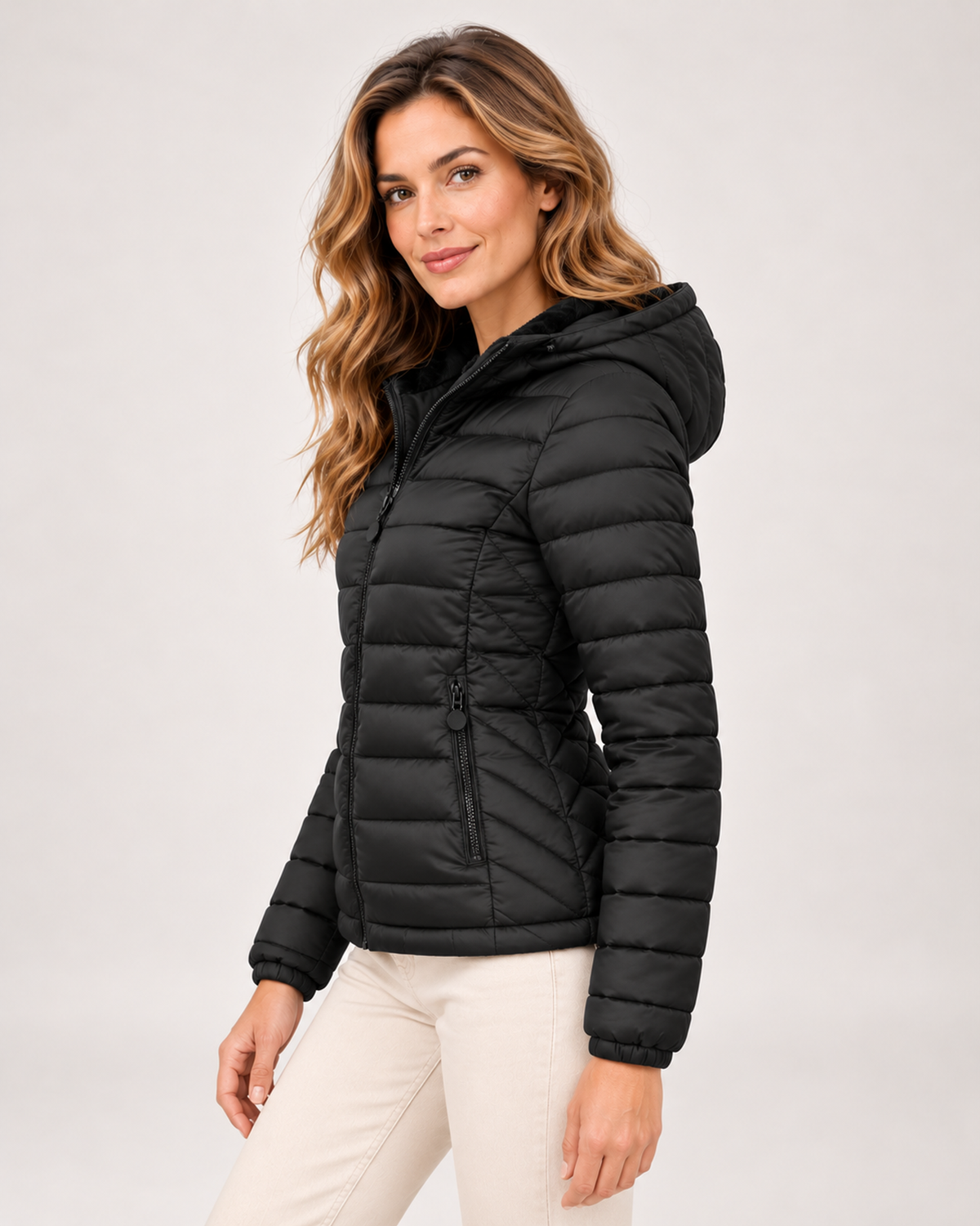 Women's black quilted hooded jacket side view