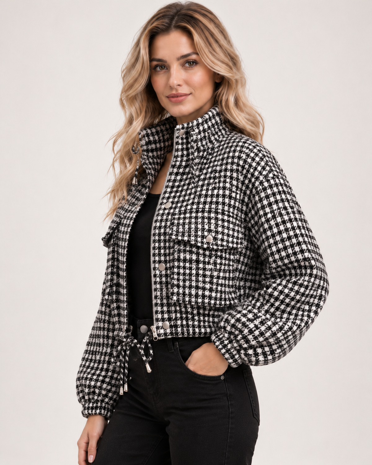 Women's checked cropped jacket side view