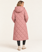 Women's pink long diamond quilted puffer jacket back view