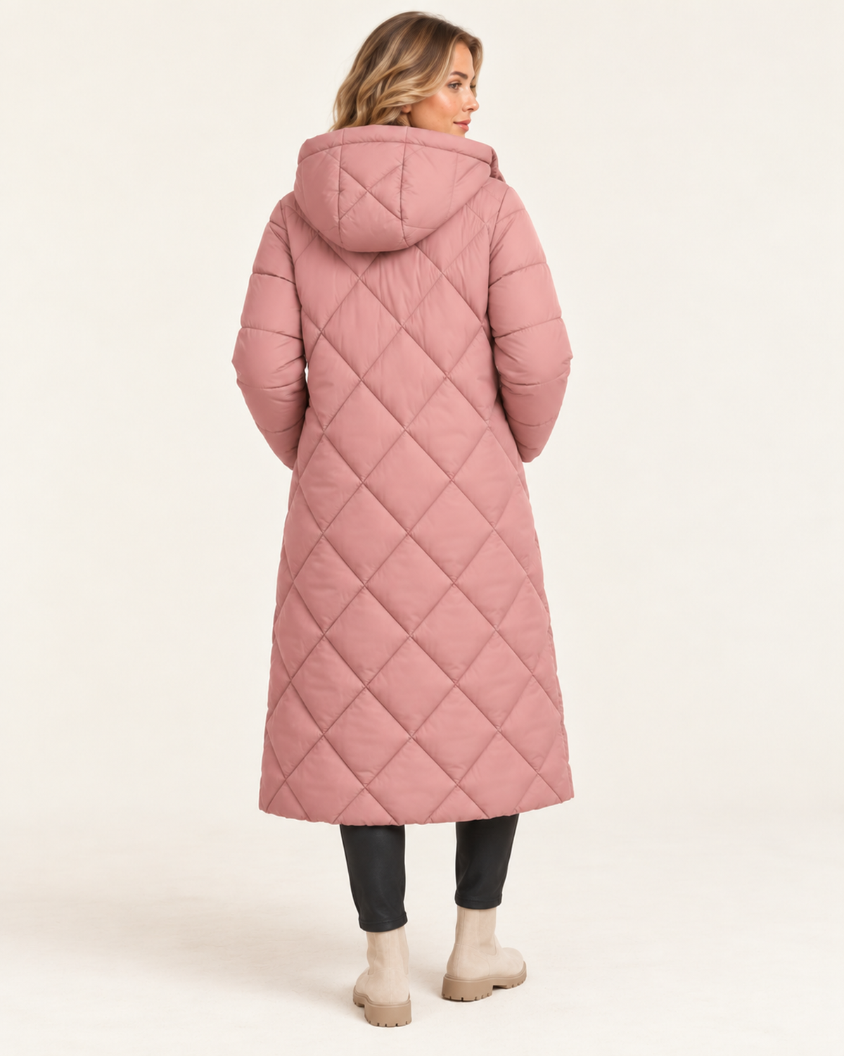 Women's pink long diamond quilted puffer jacket back view
